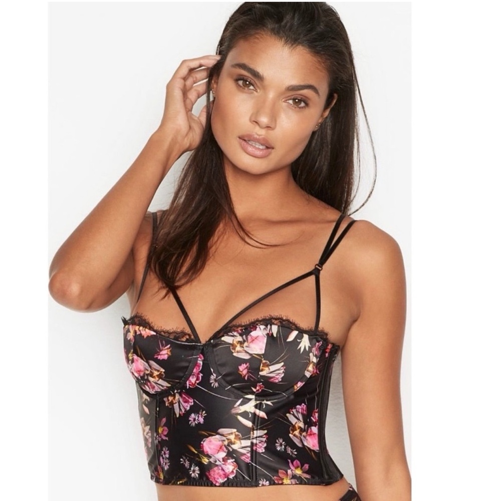 Victoria’s Secret VS Black Floral Bralette Bra Corset Top Sheer 34B / 34 B